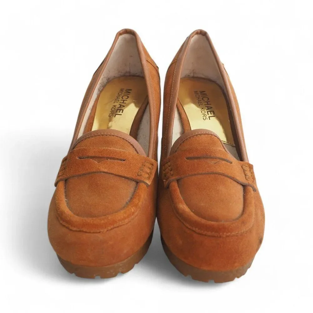 Michael Kors Rory Suede Wedge Penny Loafers Walnut‎ Brown PW14E Women's 7M